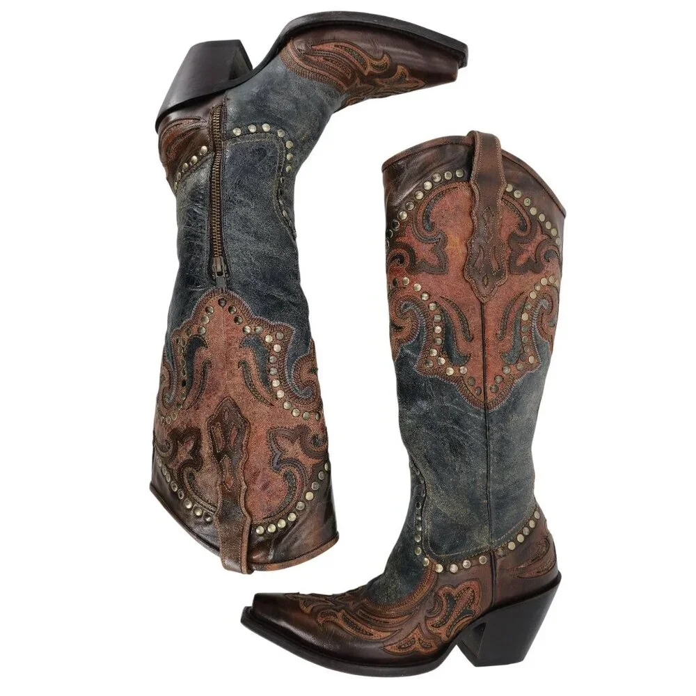 Corral Cowgirl Women's 6M Tall Brown Gray Studded Leather Cowboy Western Boots - Picture 6 of 14